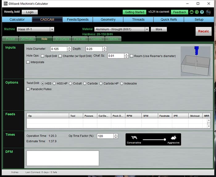 GWizard: Machinist's Calculator screenshot from CNCCookbook.com