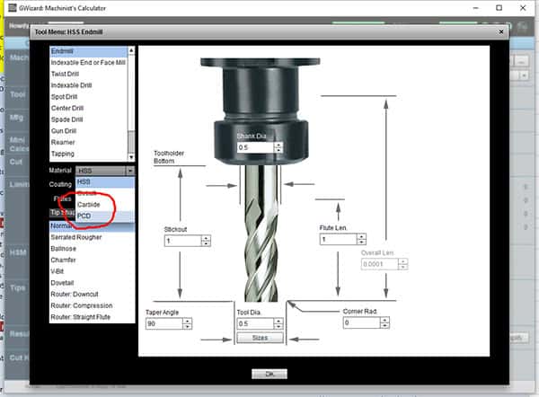 Screenshot of CNCCookbook.com's end mill tool menu with labeled diagram.