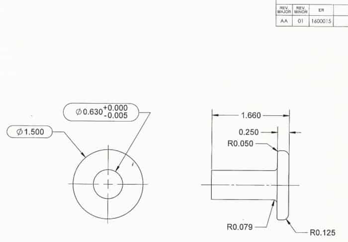 Technical drawing of a lathe part with dimensions and measurements.