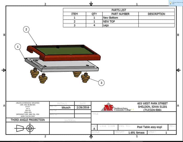 Technical drawing of a pool table assembly with detailed measurements.