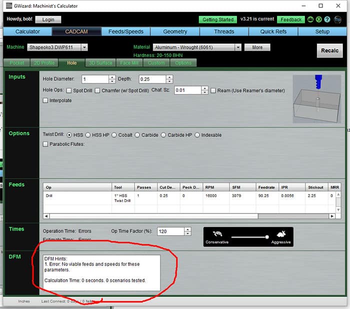 Machinist's Calculator interface from CNCCookbook.com displaying drilling parameters for a Shapeoko Big Drill.