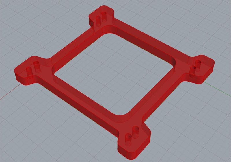 A 3D model carburetor spacer with square shape, rounded corners, and four protruding tabs, in a transparent red color.