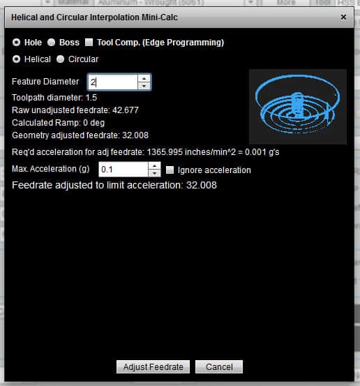 Screenshot of Helical and Circular Interpolation Mini-Calc software.