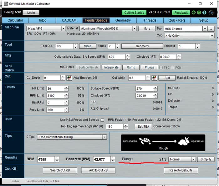 Machining calculator with input fields for material type, tool diameter, feed rate, plunge depth, and surface speed.