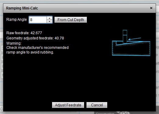 Ramping settings for a CNC cut on a computer screen.