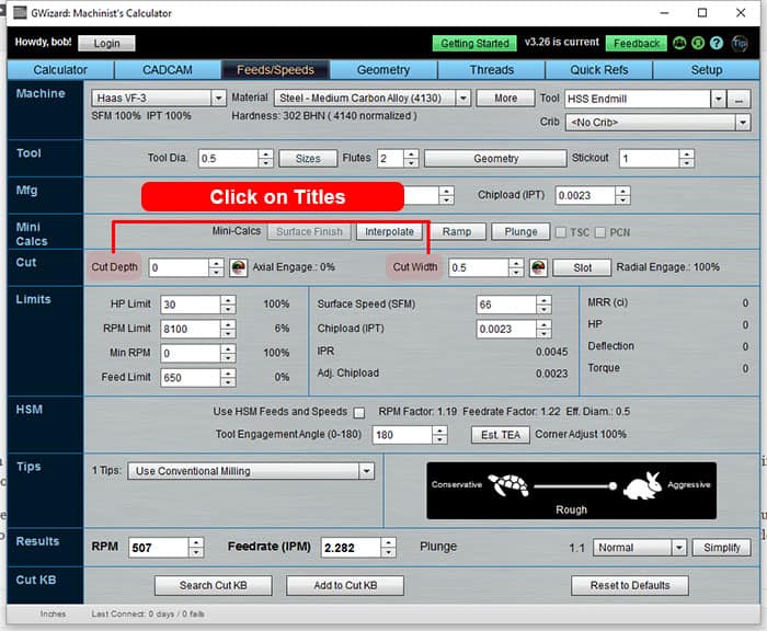 Machinist's Calculator computer program interface with various tabs.