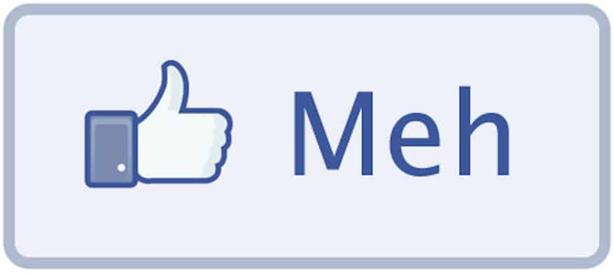 Facebook Like button with thumbs-up icon and adjacent blue square with partial "Meh" text.