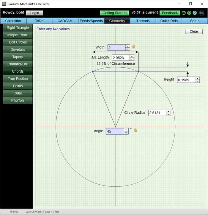 A screenshot of the Machinist's Calculator tool on CNCCookbook.com displaying its user interface and features.