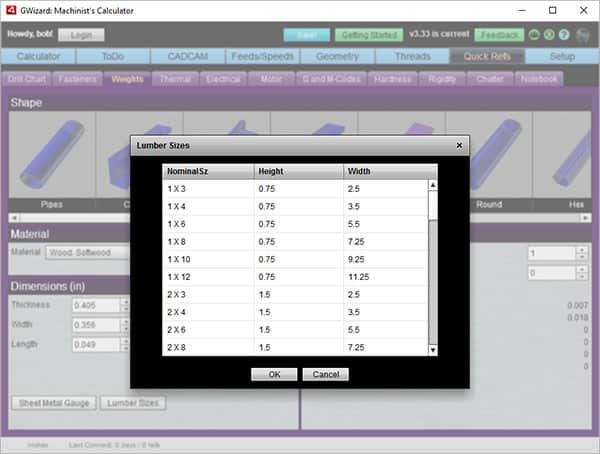 Computer program for calculating lumber sizes and weights with shape selector and size table.