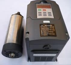 A black spindle VFD with digital display and buttons, featuring settings on white screen and additional info on small LCD screen.