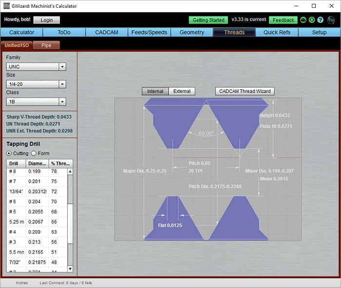 Tapping drill chart from CNCCookbook.com with drill size, tap size, and thread type columns.