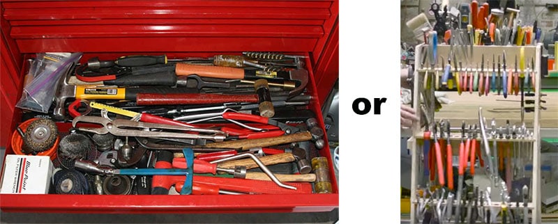 A toolbox containing assorted hand tools.