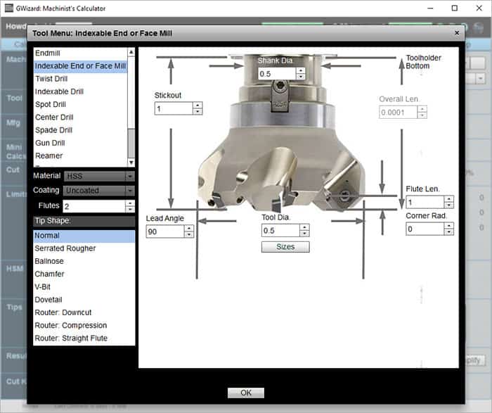 Indexed end mill machining tool with labeled dimensions.