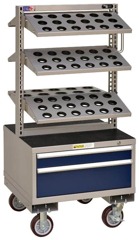Stainless steel tool holder station with three tiers and wheeled cart.