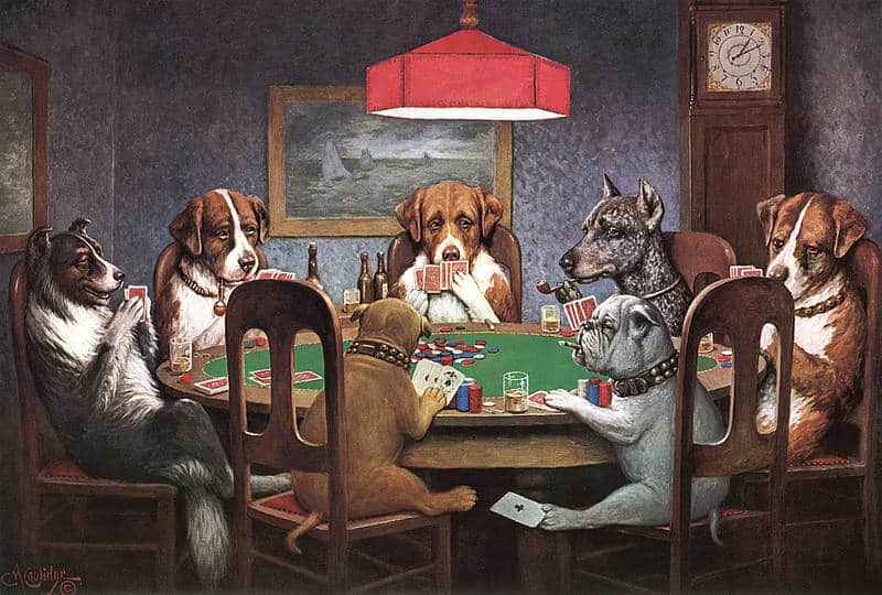 Vintage illustration of dogs playing poker.