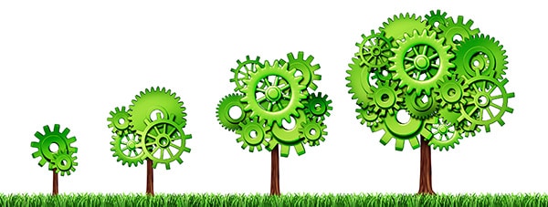 Four trees with gear-shaped leaves set against a white background.