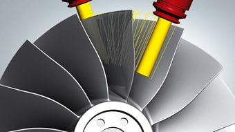 A 5-axis CNC machine's toolpath with yellow end mill and red collars over a circular gray metal surface.