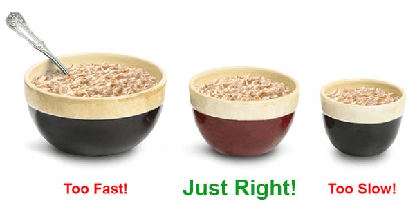 Three bowls of porridge labeled Too Fast!, Just Right!, and Too Slow!