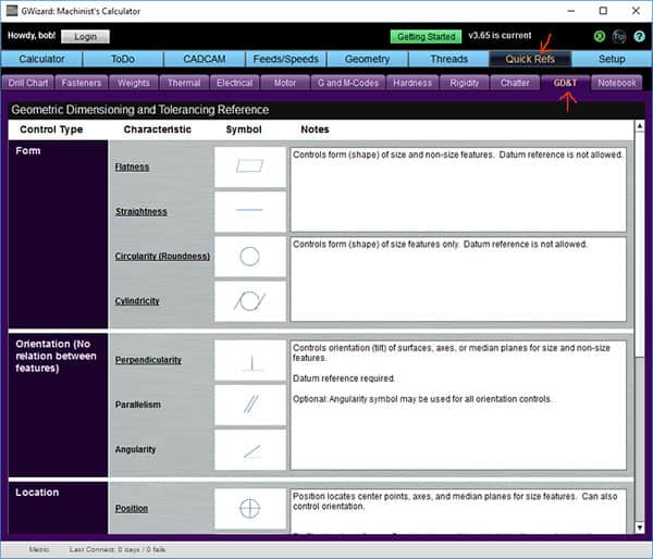 Geometric Dimensioning and Tolerancing calculator screenshot on CNCCookbook.com.