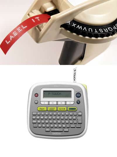 A label maker with a red label featuring "LABEL IT" in white text.