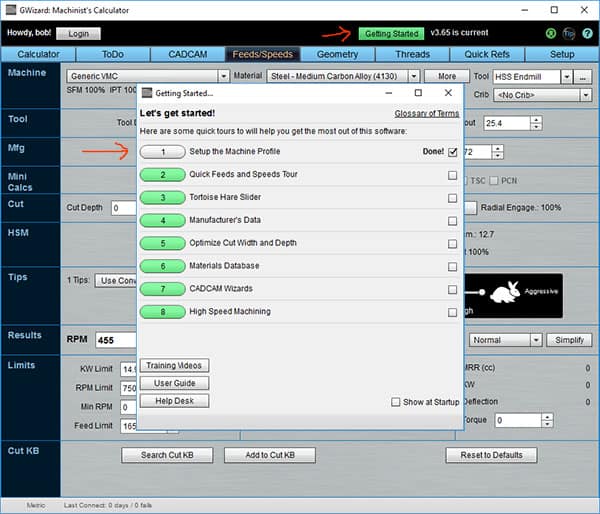 Screenshot from CNCCookbook.com featuring Machine Wizard interface with various tabs and fields.