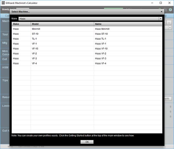 Haas CNC machine options displayed in a table.