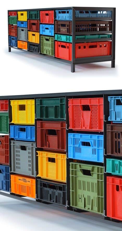 Colorful milk crates stacked in a shelving unit with others placed inside.