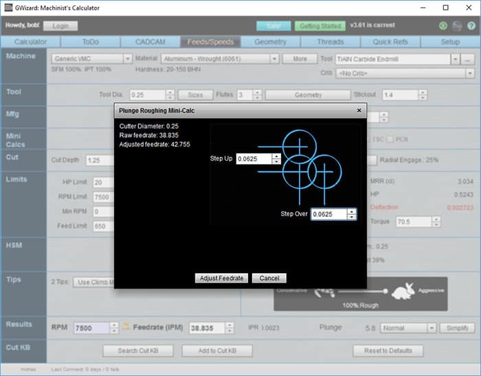 A screenshot from CNCCookbook.com showing a machining calculation tool.