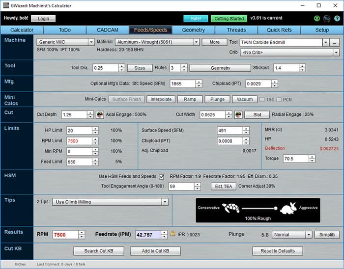 GWizard Machinist's Calculator software interface with menu, calculator, machine, and results tabs.