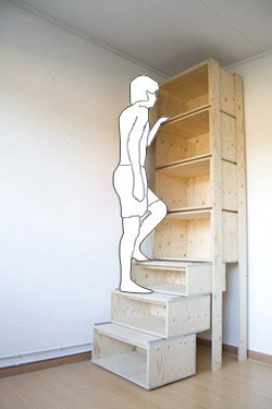 Wooden shelf with built-in steps.