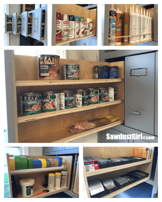A workshop with vertical storage drawers optimizing space for tools and equipment.