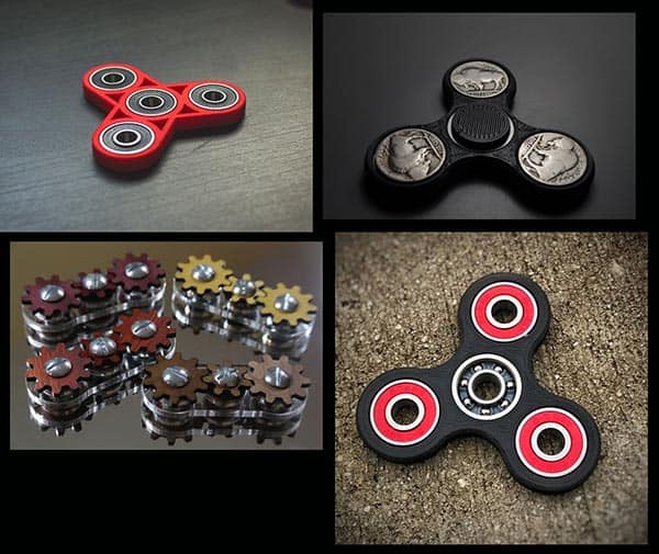 Distinct fidget spinners in various designs and colors.