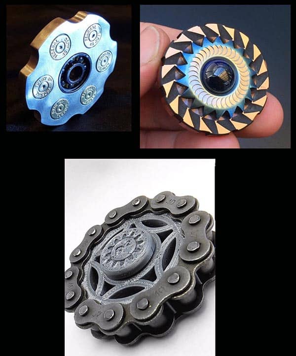 Fidget spinners in various shapes and designs with intricate craftsmanship.