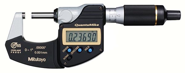 Digital micrometer with black body, silver accents, LCD screen, and measurement dials.
