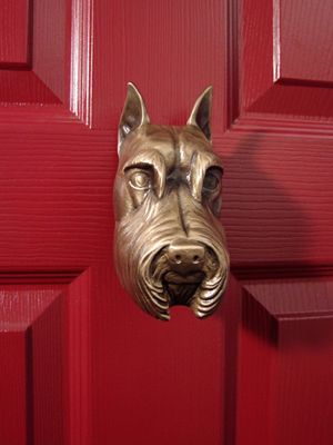 Bronze-colored dog's head attached to a red door.
