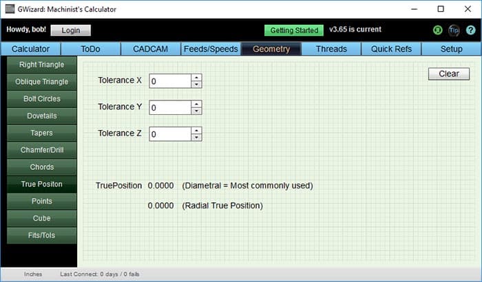 Calculator interface for True Position calculations with grid background, GWizard logo, tabs: Geometry, Threads, Quick Refs, Getting Started bar.