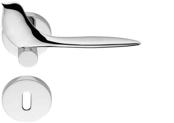 Sleek silver door handle with elongated lever and round doorknob on white background.