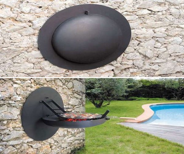 A foldable wall-mounted barbecue grill made of black metal with a compact design and foldable mechanism.
