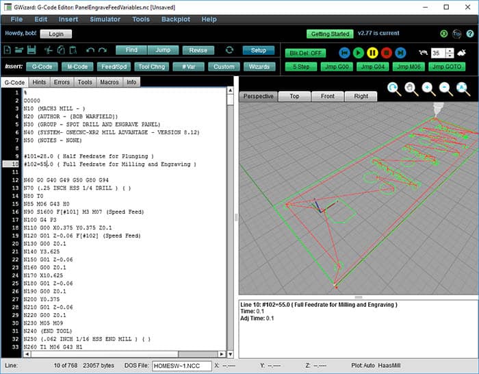 G-Code Editor in Grizzly G-Wizard CAM software