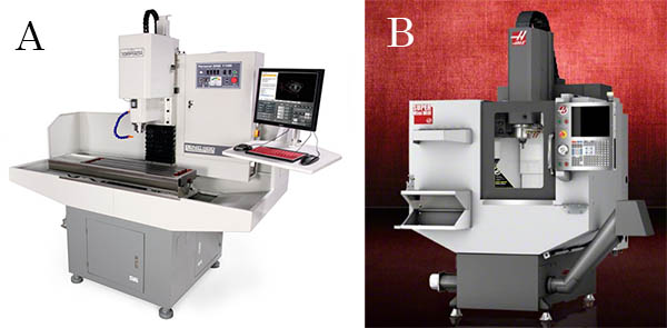 Two distinct machines: compact milling machine on white background, and elongated drill/tap machine on red background.