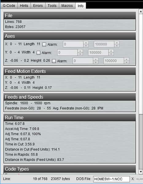 G-Code Editor interface for Mach3 CNC software, with various tabs and fields related to file information and machining settings.