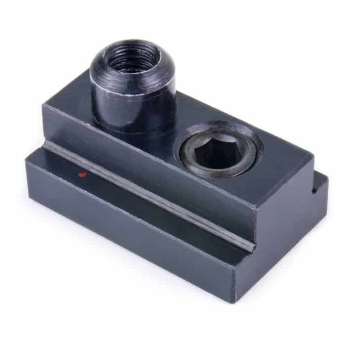 Rectangular metal object with threaded pin and two side holes.