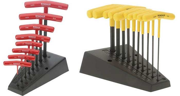 Bondhus T-handle hex keys in various sizes on a black stand with red and yellow handles.