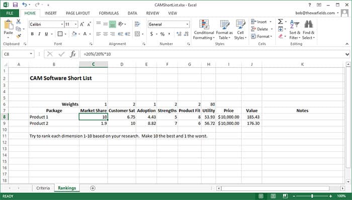 CAM software shortlist comparison spreadsheet screenshot.