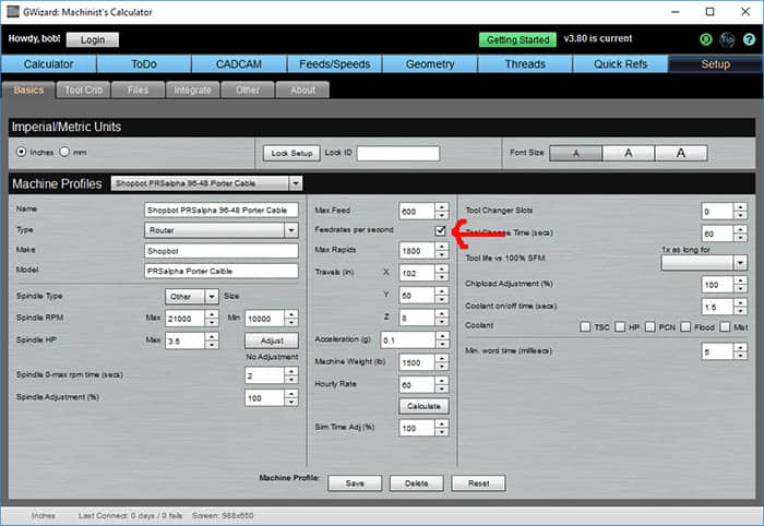 Computer screen displaying machine interface settings including feed rates per second, menu bar, and input fields.