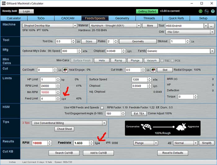 Feeds/Speeds calculator on CNCCookbook website screenshot with machining settings and input fields.
