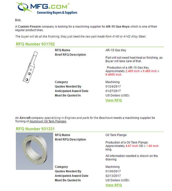 MFG.com email with RFQs for AR-15 Gas Key and Oil Tank Flange.