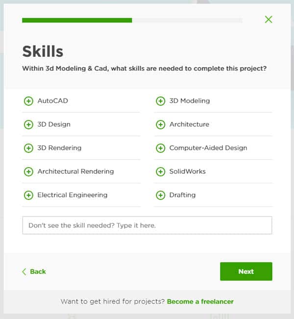 Upwork website screenshot showcasing CAD skills assessment project posting form.