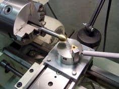 A ball turning tool on a lathe, with cutting edge in position.