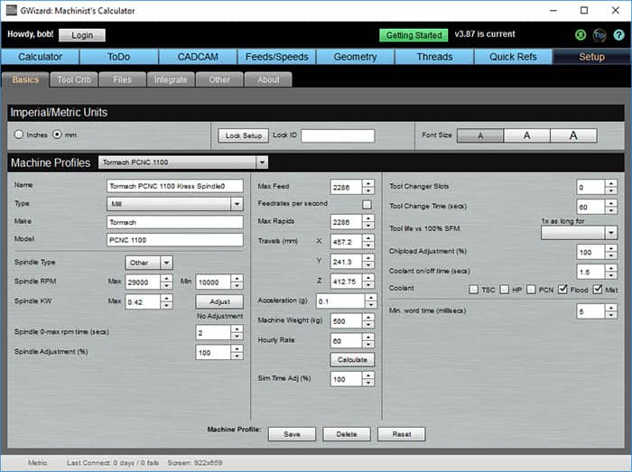 Kress Spindle settings screenshot from CNCCookbook.com.